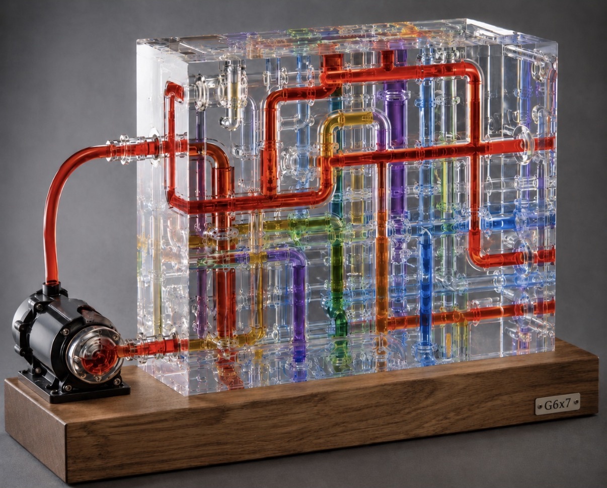 Cast acrylic block with colored glass pipework on walnut base · 40 × 40 × 15 cm · pump-driven flow