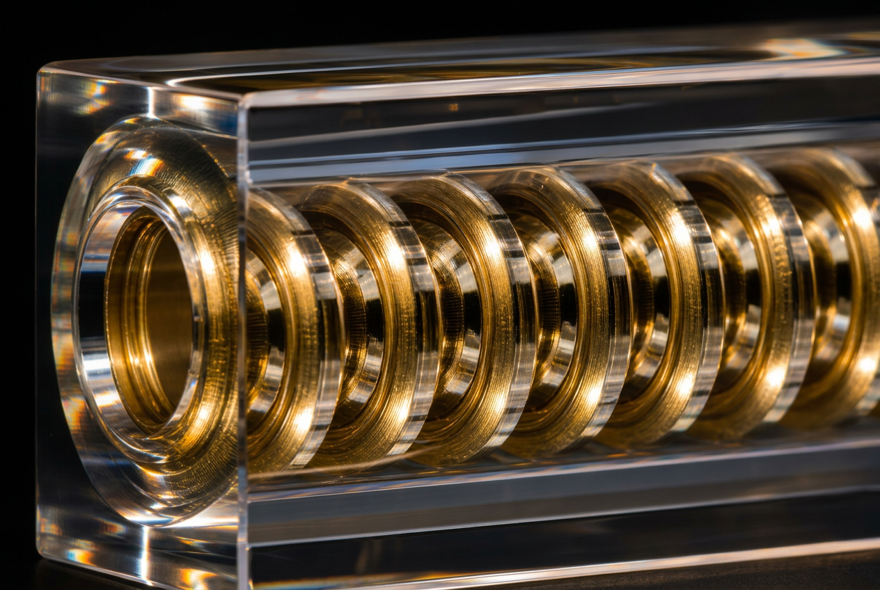 Optical-grade acrylic block with brass spiral · 15 × 15 × 45 cm · limited edition of 4